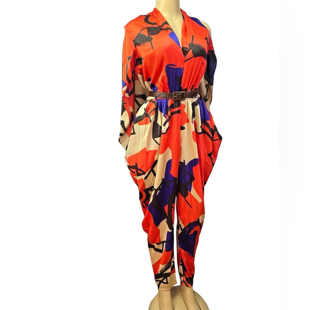 New York & Company Vibrant Red and Blue Jumpsuit